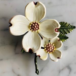 Mid century Double Dogwood Stem Enamel Brooch Pin